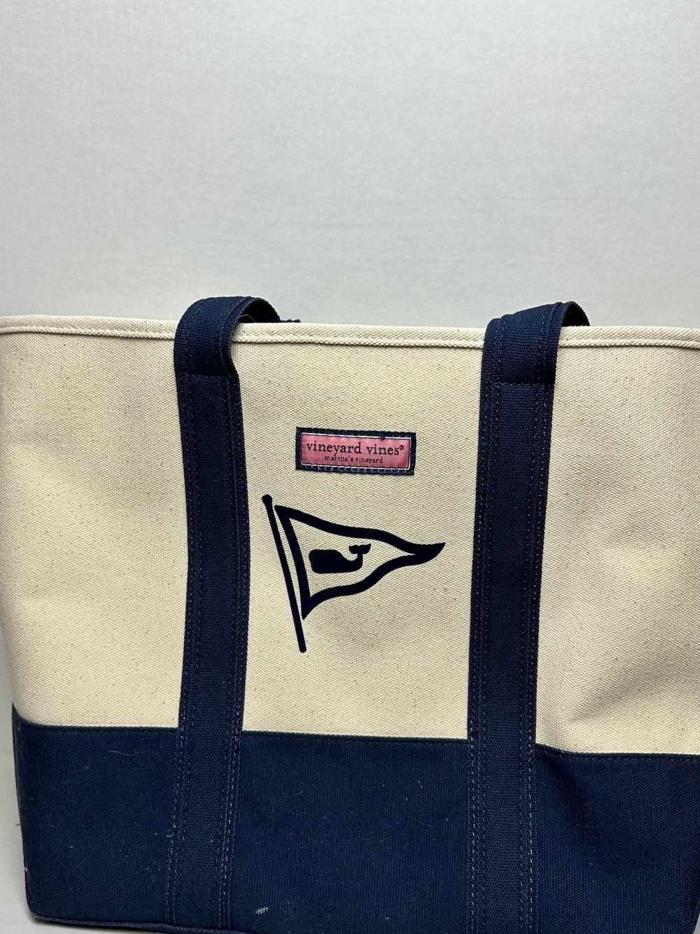 Vineyard Vines Cream and Navy Canvas Tote with Whale Flag